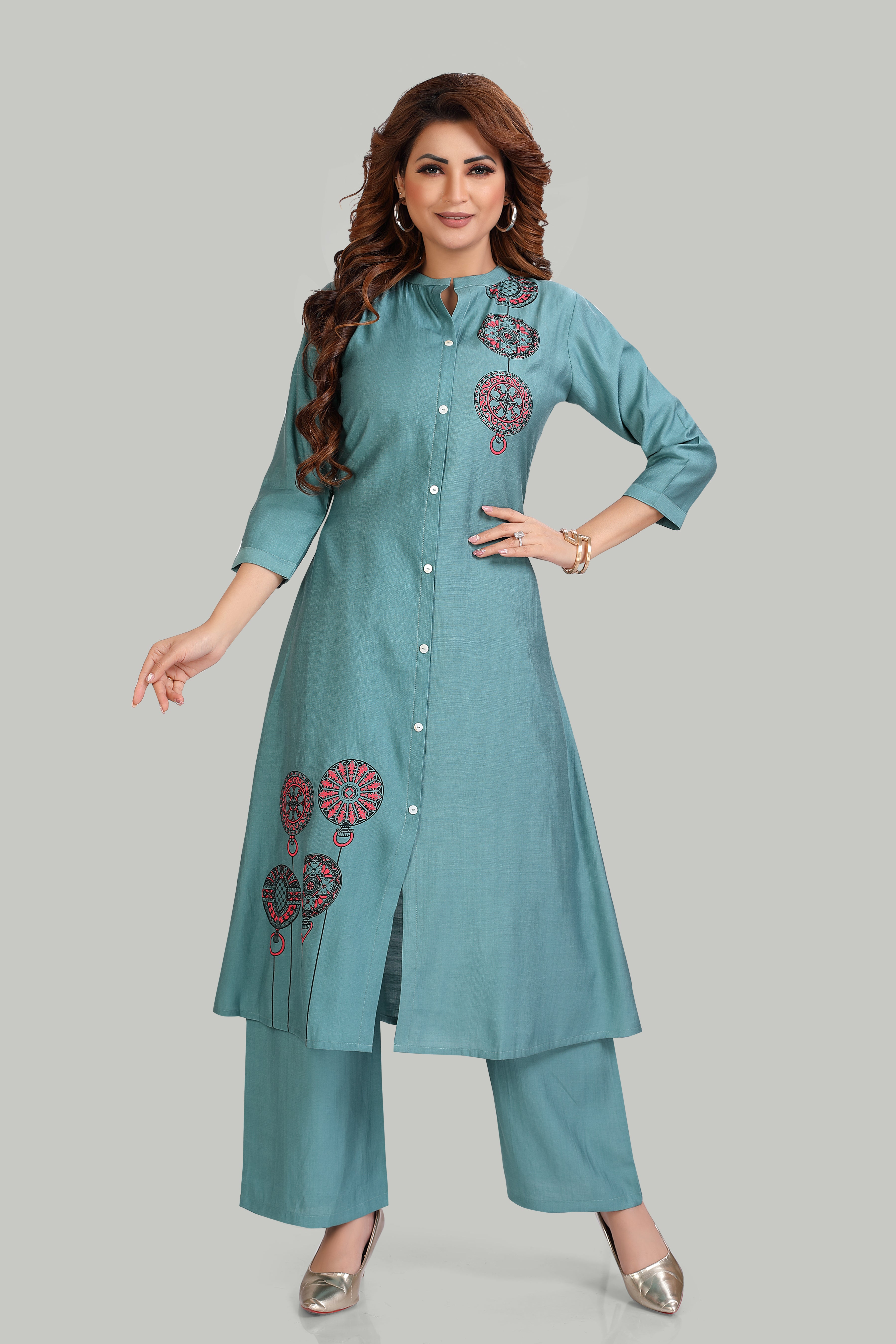 Elegant Teal Kurta Set with Artistic Mandala Print